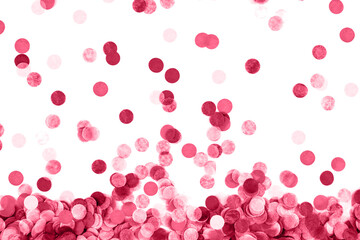 Heap of red confetti background. Flat lay style.
