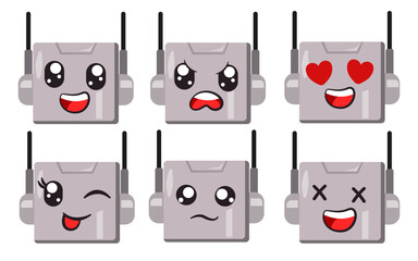 Robot cyborg bot male facial expression emoticon with eyes and mouth collection of cartoon isolated illustration