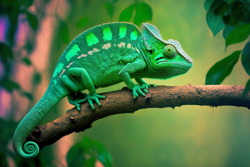 Fototapeta premium In the zoo, a green chameleon is perched on a limb of a tree. Generative AI