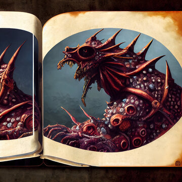 Illustration of a Terrifying Monster in an Old Book. [Digital Art Painting. Sci-Fi / Fantasy / Historic / Horror Background. Graphic Novel, Postcard, or Product Image.]