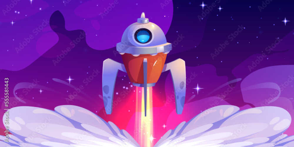 Poster rocket launch. futuristic spaceship flying up from planet with smoke clouds on background of night s
