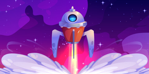 Rocket launch. Futuristic spaceship flying up from planet with smoke clouds on background of night sky with stars. Fantasy cosmos poster with space ship, vector cartoon illustration