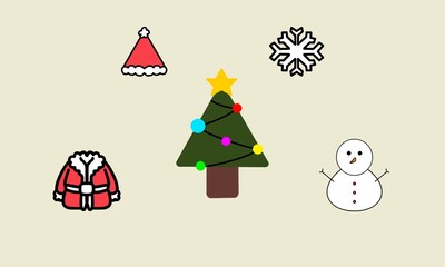 Fototapeta na wymiar Cute Christmas Illustration & Isolated on yellow Background. Santa Claus, snowman, snowflakes, Christmas tree. Print Ideal for fabric, wrapping paper, textile, poster, banner, card, New Year's design