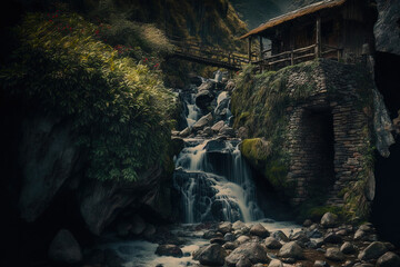 Fototapeta na wymiar Before arriving in Aguas Calientes Peru, there are little waterfalls. Generative AI