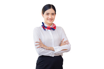 Young woman receptionist standing with arms crossed and smiling to camera. Portrait of Female...