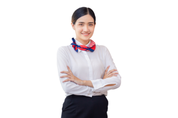 Young woman receptionist standing with arms crossed and smiling to camera. Portrait of Female receptionist working in hotel