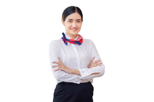 Young woman receptionist standing with arms crossed and smiling to camera. Portrait of Female receptionist working in hotel