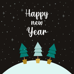Happy new year greeting card, forest, winter, christmas trees