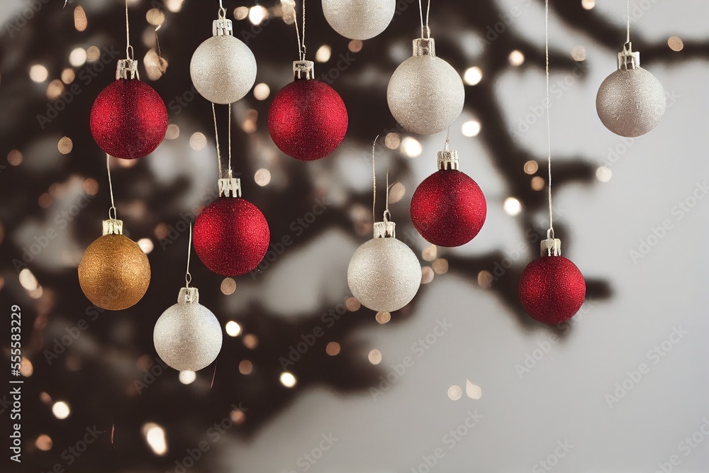 Poster a christmas tree with a bunch of ornaments hanging from it's branches and a christmas tree in the ba