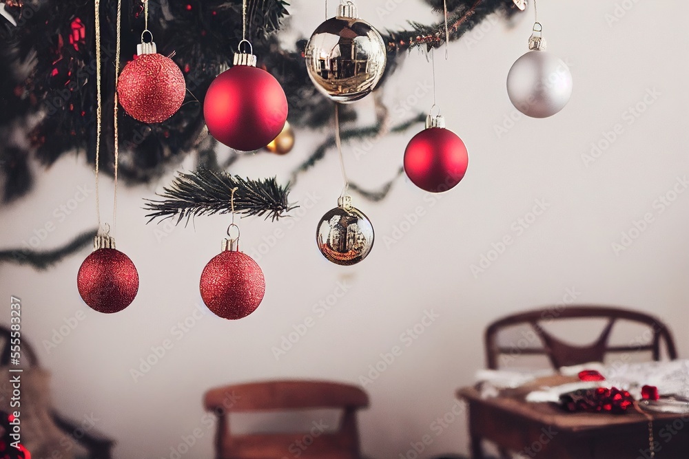 Poster a christmas tree with ornaments hanging from it's branches and a table with a chair in the backgroun