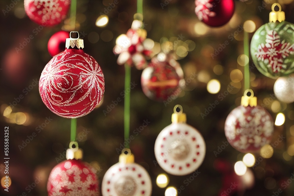 Poster a christmas tree with ornaments hanging from it's branches and a christmas tree in the background wi