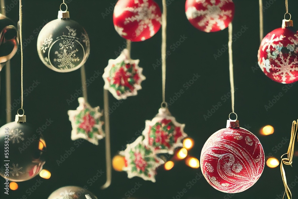 Poster a bunch of ornaments hanging from a string on a wall with lights in the background and a black backg