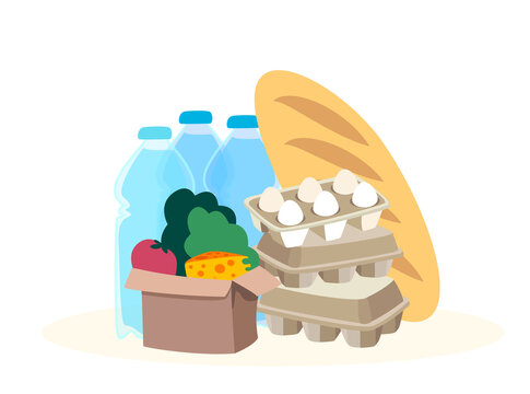 Food and Meal composition.Living wage Products.Volunteering donation,Products,food to Food Donation Center.Charity,support concept.Humanitarian charitable help.Vector illustrations on white background