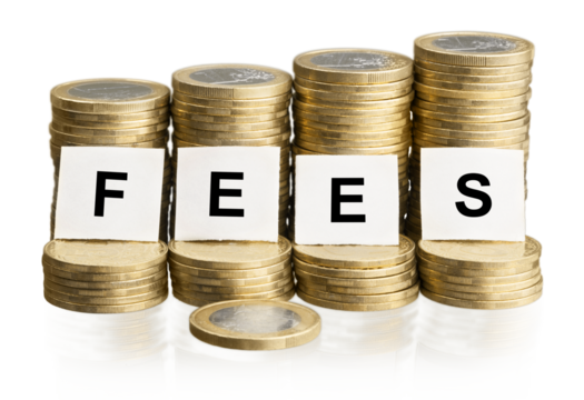 The word FEES on stacks of gold coins money