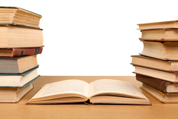 Open book on wooden desk. Education concept