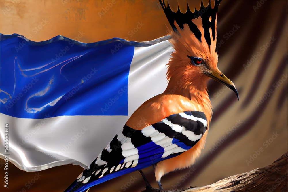Poster a bird with a crown on its head and a flag in the background of a painting of a bird. generative ai
