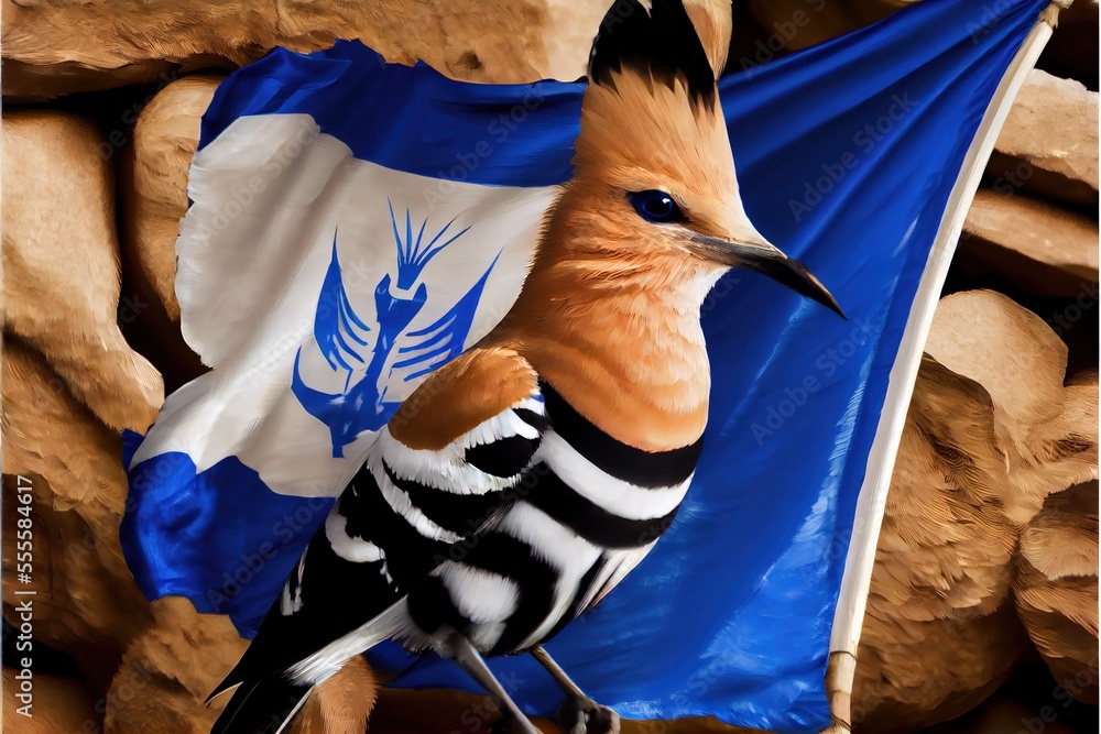 Poster a bird with a flag in the background and a rock wall in the foreground with a flag in the background