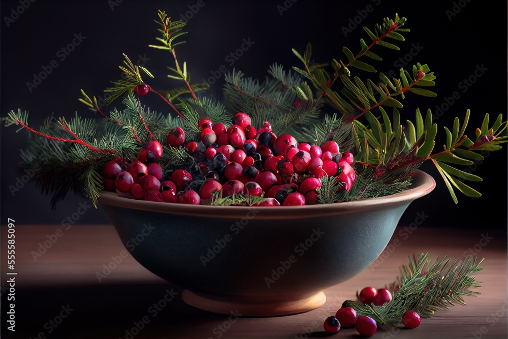 Poster a bowl of berries and pine needles on a table with a dark background and a pine branch in the center
