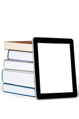 Digital tablet pc with stack of books