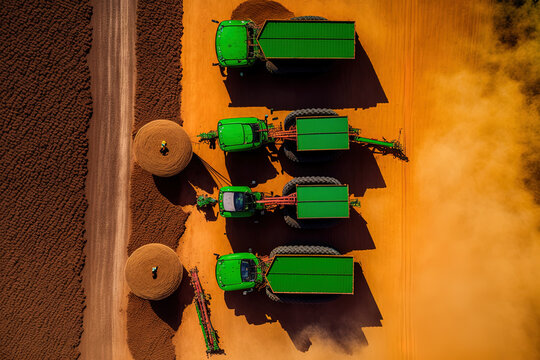 Aerial photograph taken on February 27, 2019 in Chapado do Sul, Mato Grosso do Sul, Brazil, depicting farm machinery in place for the soybean harvest. Generative AI