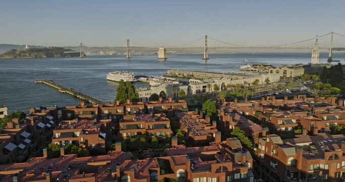 San Francisco California Aerial v166 cinematic flyover north waterfront embarcadero capturing downtown cityscape with landmark ferry building and bay bridge view - Shot with Mavic 3 Cine - June 2022