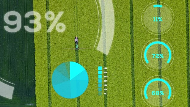 Agricultural Sprayer digital charts and graphs - future concept -Applies Pesticide Treatments on Blooming Rape Field