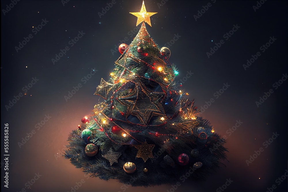 Poster a christmas tree with a star on top of it and lights on it's branches and decorations around it. gen