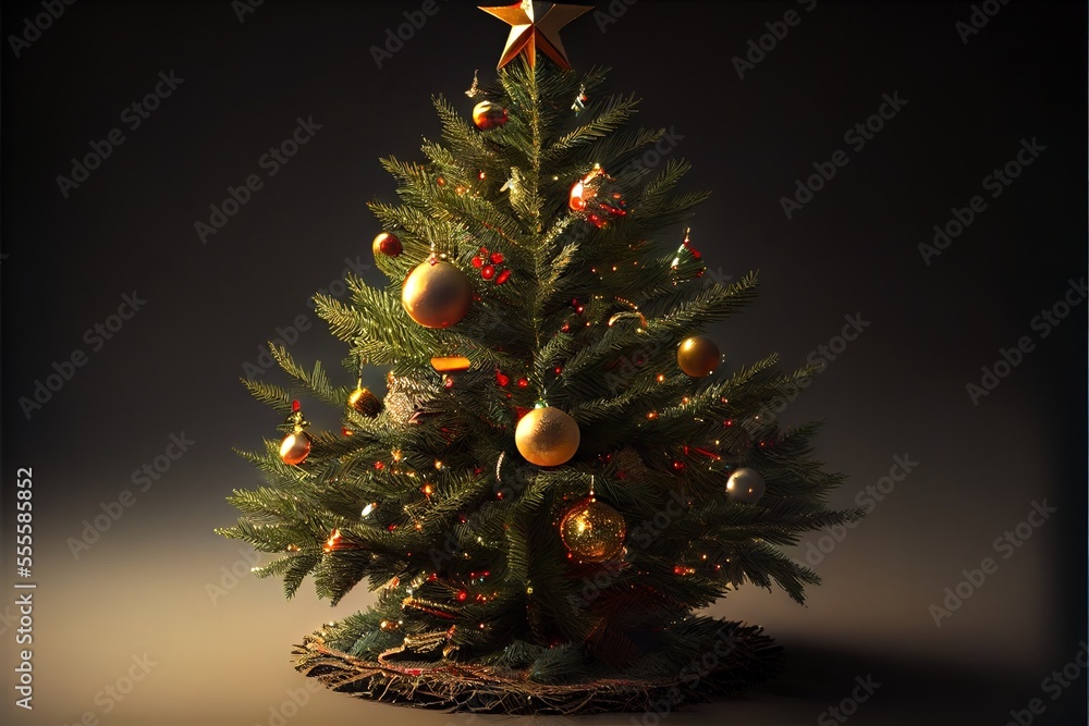 Poster a christmas tree with ornaments and lights on it's branches and a star on top of it. generative ai