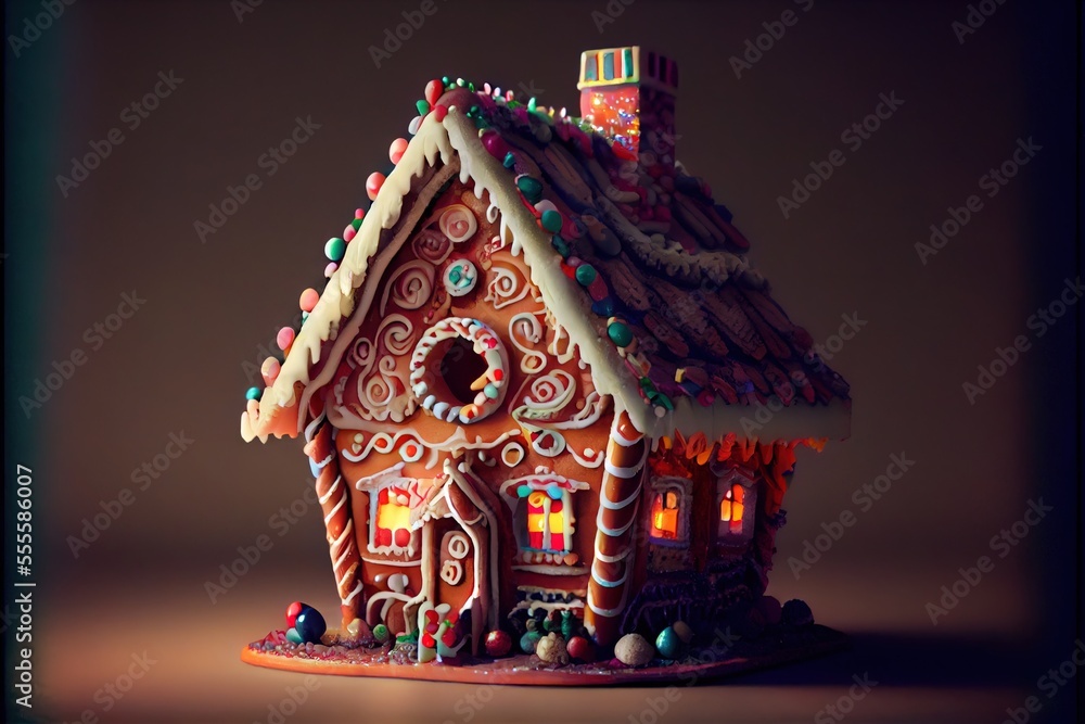 Poster a gingerbread house with a lit candle in the center of it and a brown background behind it with a bl