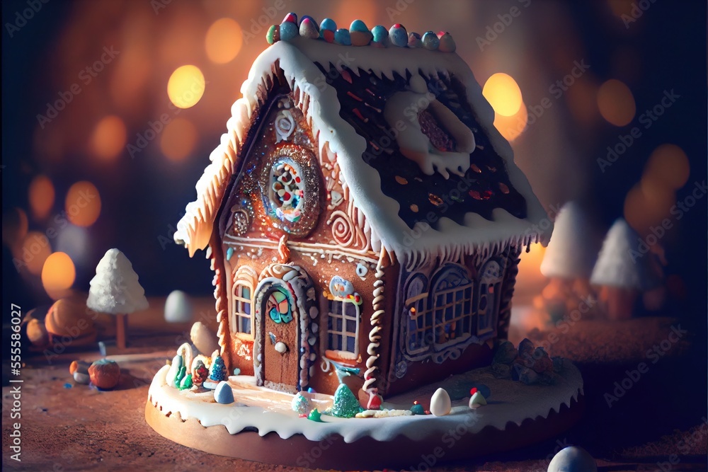 Poster a gingerbread house with a clock on the top of it and a lot of candy around it on a table. generativ