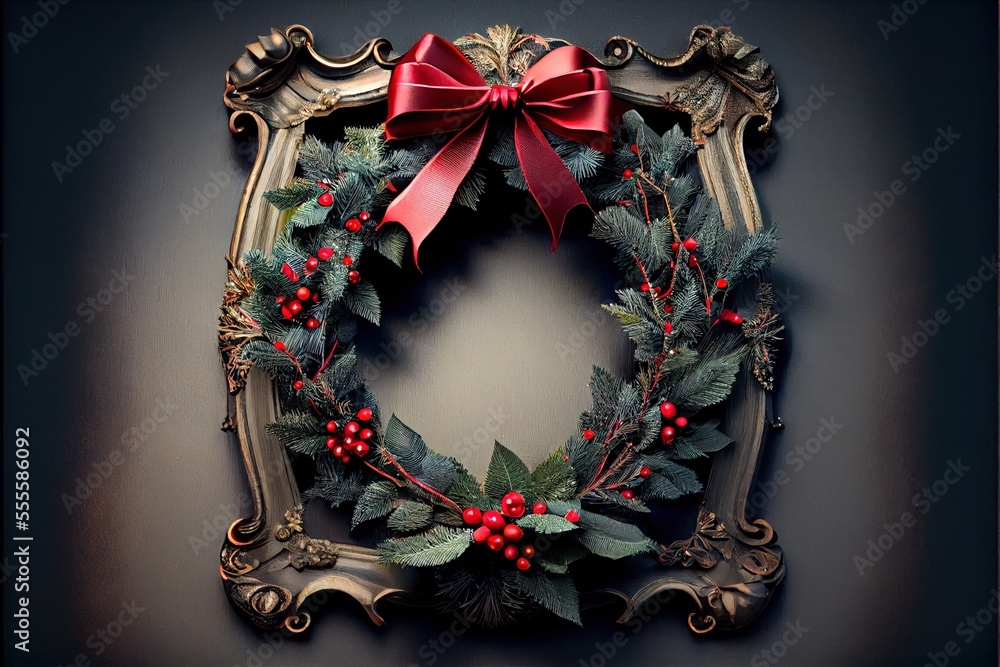 Poster a christmas wreath with holly and red berries in a frame with a bow on it. generative ai