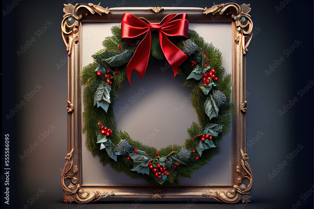 Poster a christmas wreath with holly and red berries in a gold frame with a red bow on it. generative ai