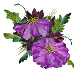 Wreath bouquet with purple and magenta flowers and leaves. Watercolor flower arrangement