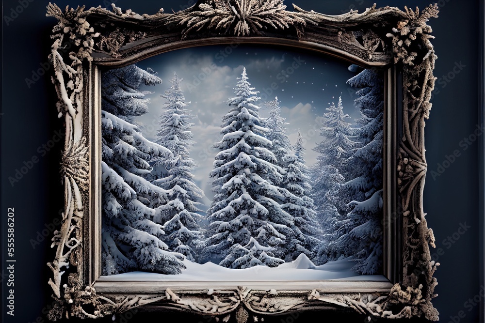Aufkleber a picture frame with a picture of a snowy forest in it's center and a full moon in the sky. generati