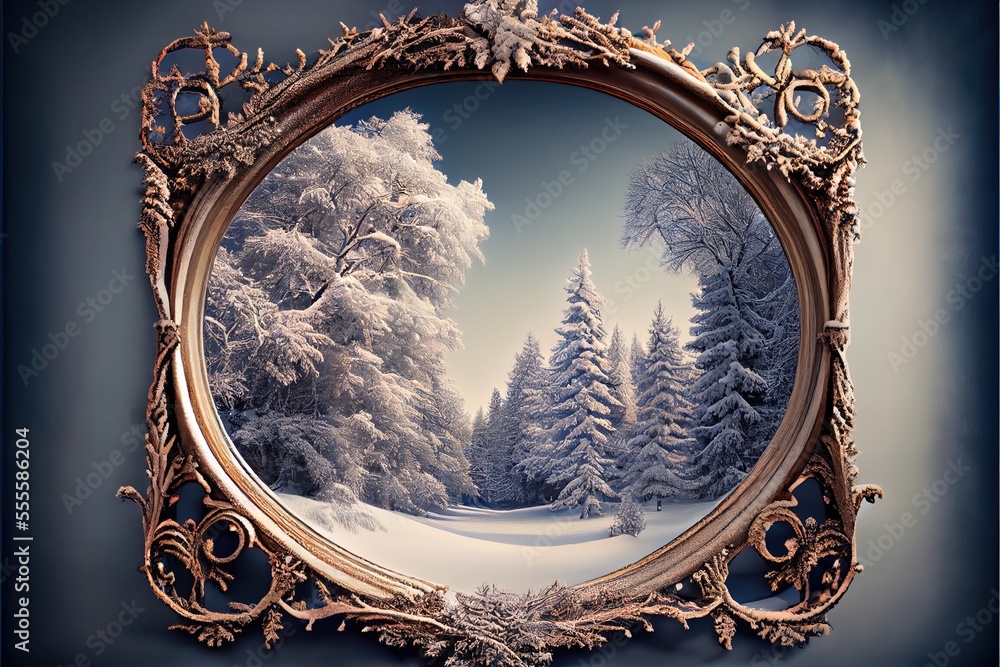 Poster a picture frame with a snowy landscape in the middle of it. generative ai
