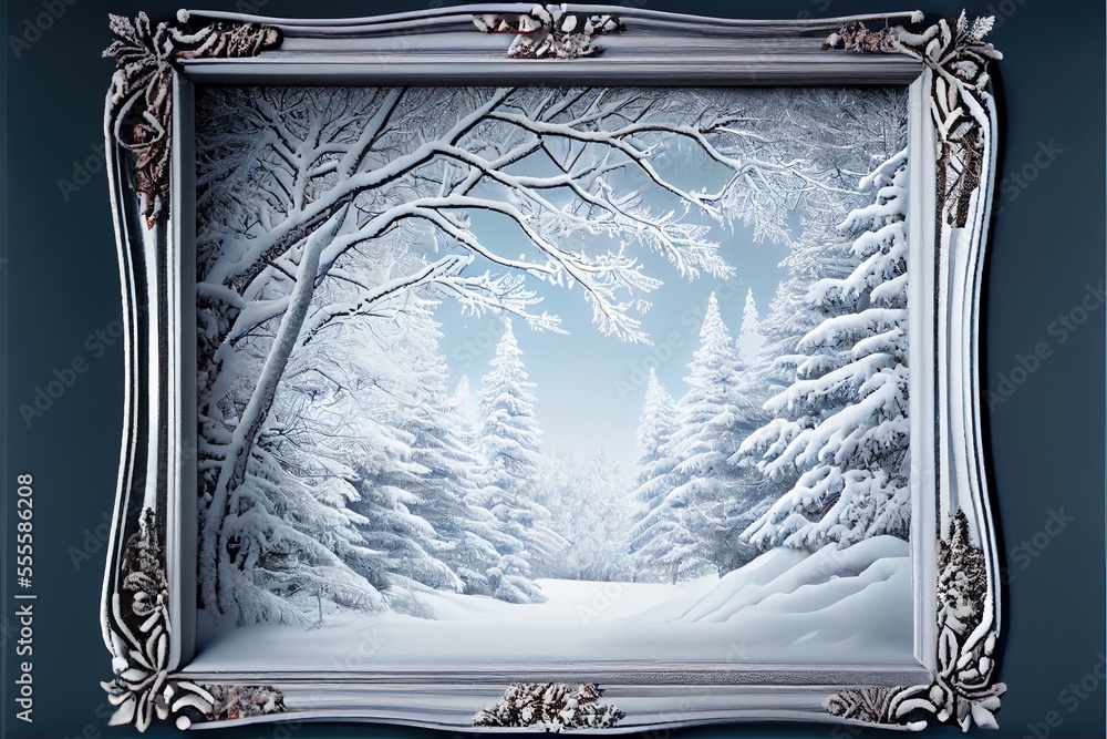 Poster a picture of a snowy forest with trees in the background and a blue sky in the background with white