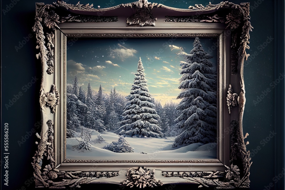 Poster a painting of a snowy landscape with trees in the background and a sky with clouds above it. generat