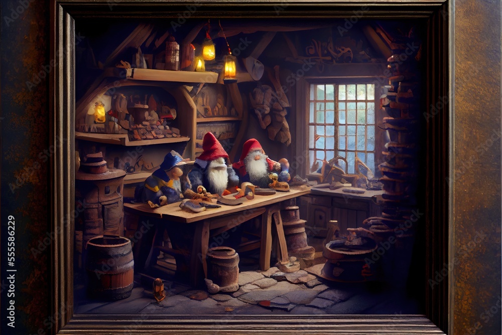 Poster a painting of a gnome's workshop with a table full of gnomes and a window with a lit candle. generat