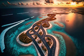 Incredible aerial image of the Maldives island Maldives' Eh'mafushi Crossroads at dawn. Drone aerial footage. Generative AI - obrazy, fototapety, plakaty