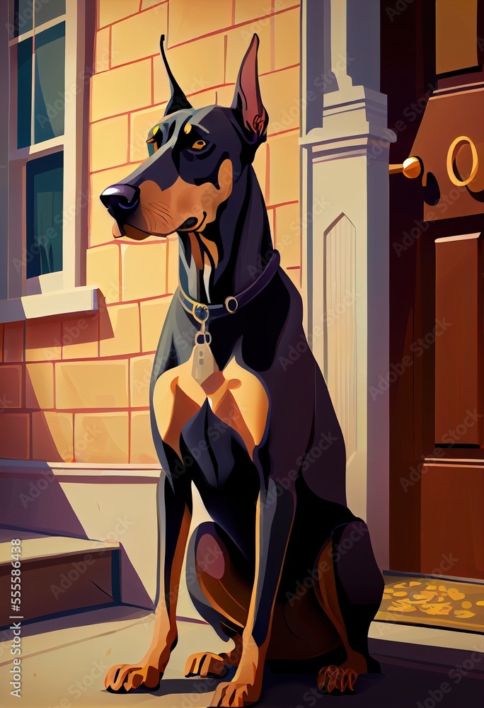 Poster a dog sitting on the ground in front of a building with a door and a window on the side. generative 