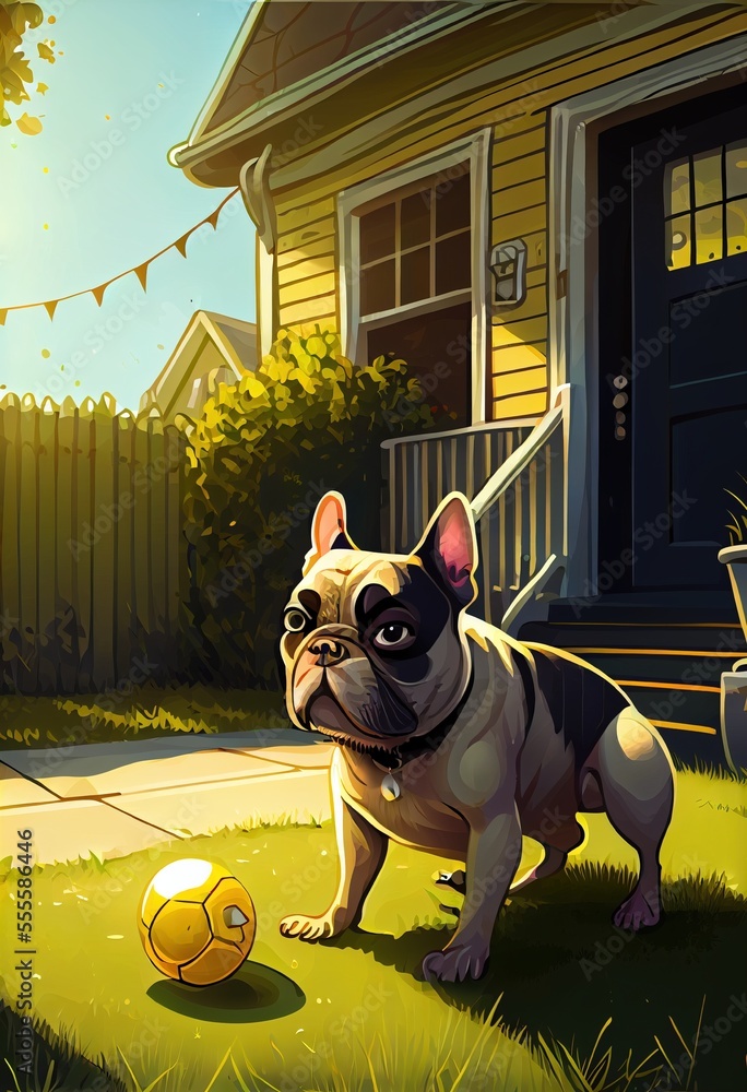 Aufkleber a dog is playing with a ball in the yard of a house with a string of lights strung across the yard. 