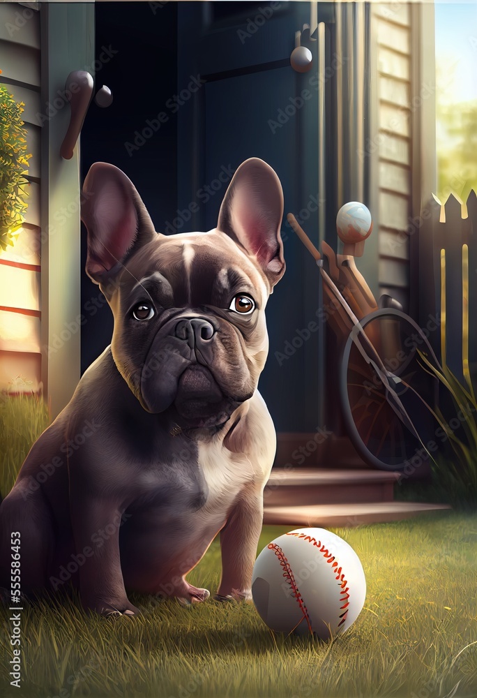 Poster a dog sitting in the grass next to a ball and a fence with a bicycle in the background and a house i