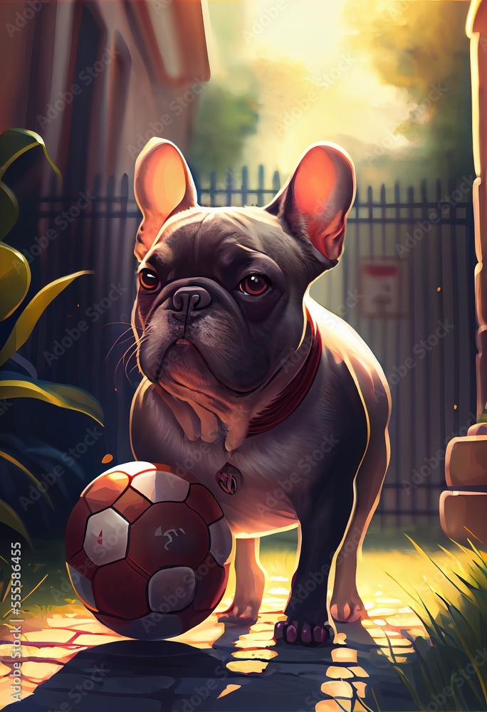 Poster a dog is standing next to a soccer ball on a sidewalk in front of a fence and a gate. generative ai