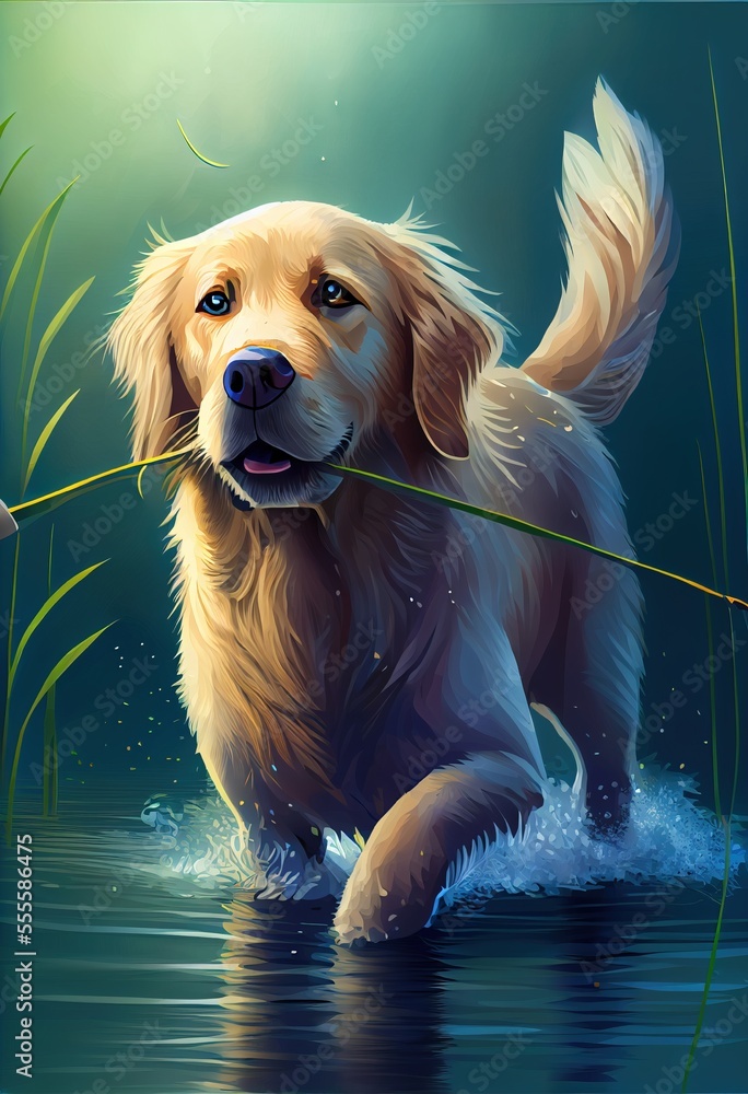 Poster a dog is holding a stick in the water and smiling at the camera while standing in the water with gra