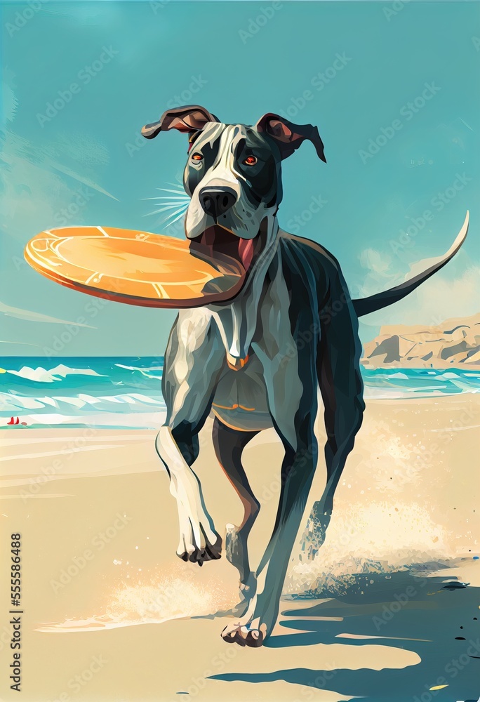 Poster a dog running on the beach with a frisbee in its mouth and mouth open. generative ai