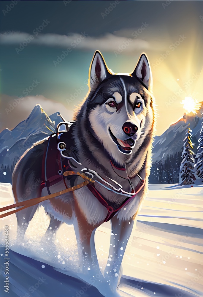 Poster a husky dog pulling a sled across a snow covered field with trees in the background and a sun shinin