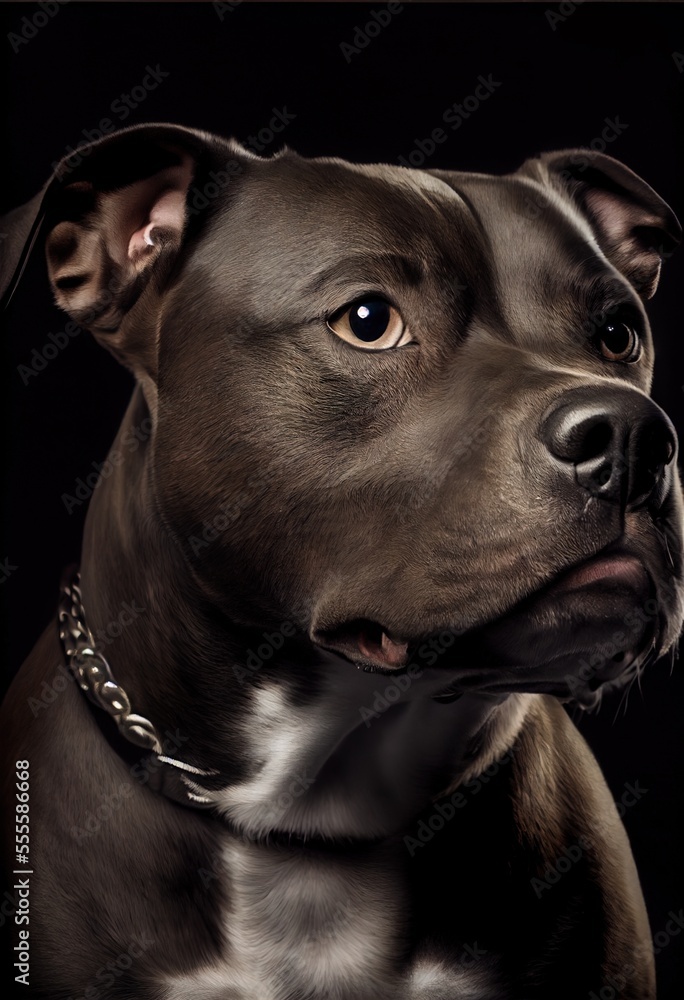 Poster a dog with a collar on looking at the camera with a black background and a black background with a w