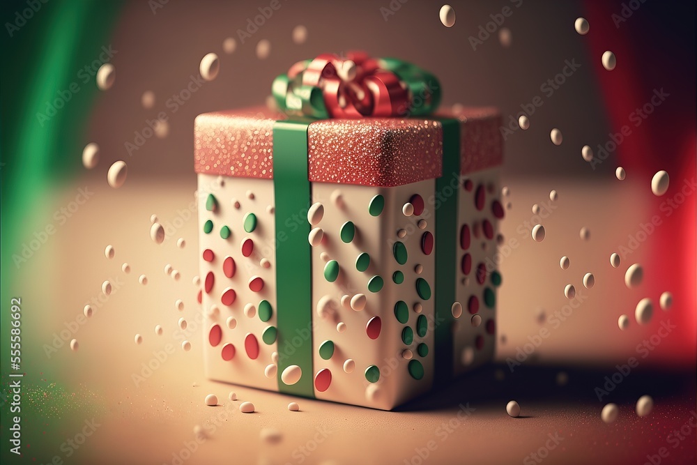 Aufkleber a present box with a green ribbon and a bow on it sitting on a table with water droplets on it. gene