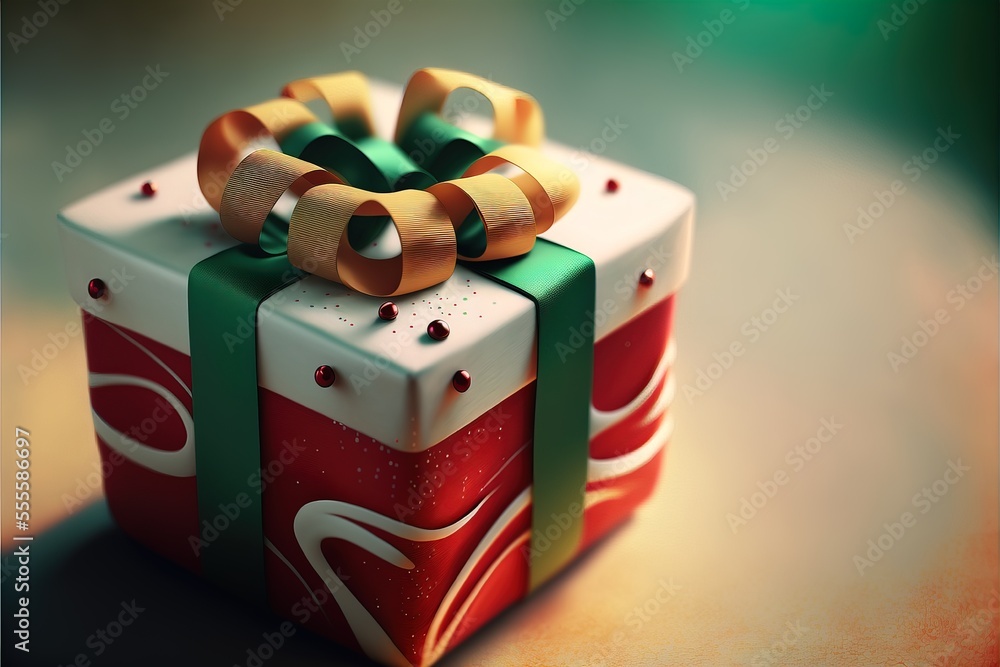 Poster a wrapped present with a ribbon on top of it on a table top with a green and red bow. generative ai