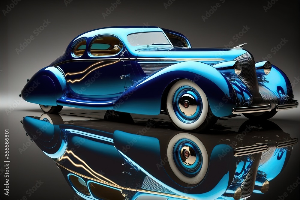 Poster a blue car is shown in a reflective image with a black background and a reflection of the car on the